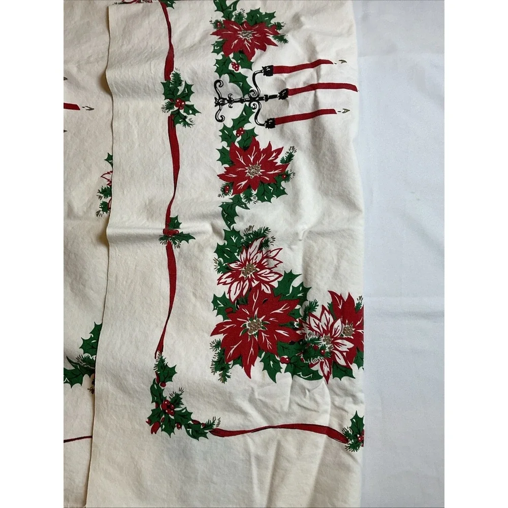 Vintage 100% Cotton Christmas Tablecloth Poinsettia Holly 62 X 48 Retro Holiday